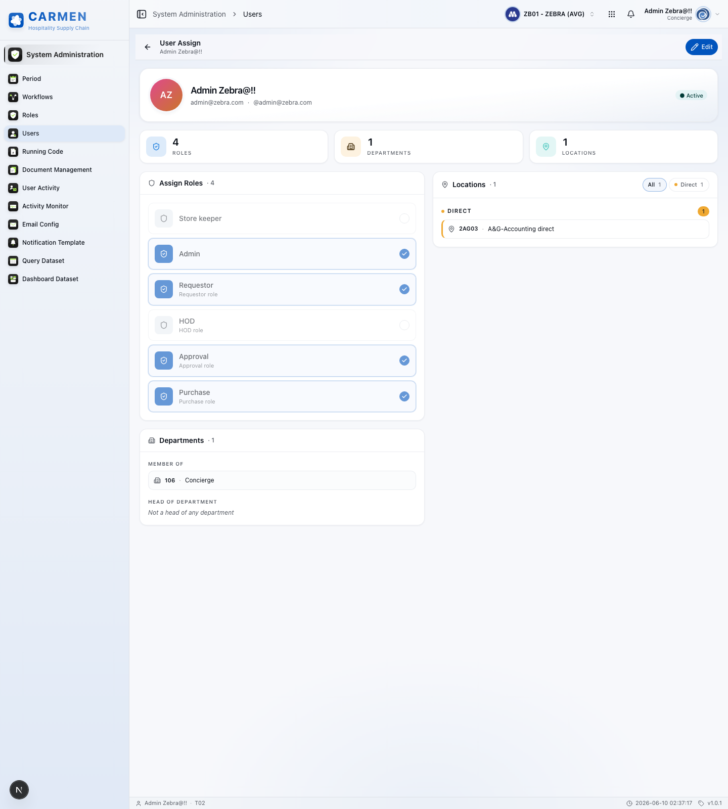 User detail screen