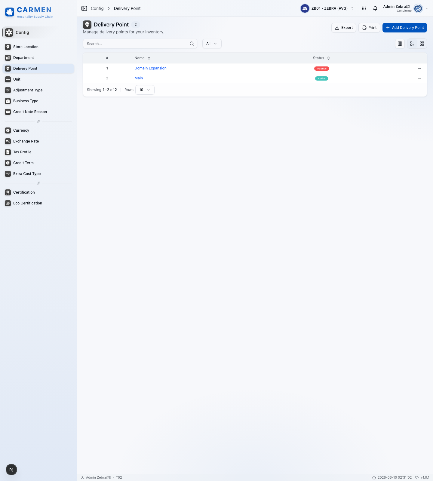 Delivery Point screen