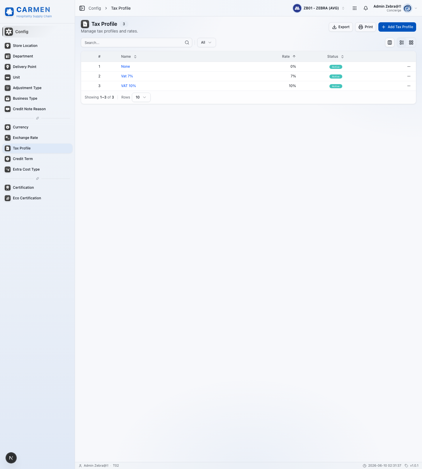 Tax Profile screen