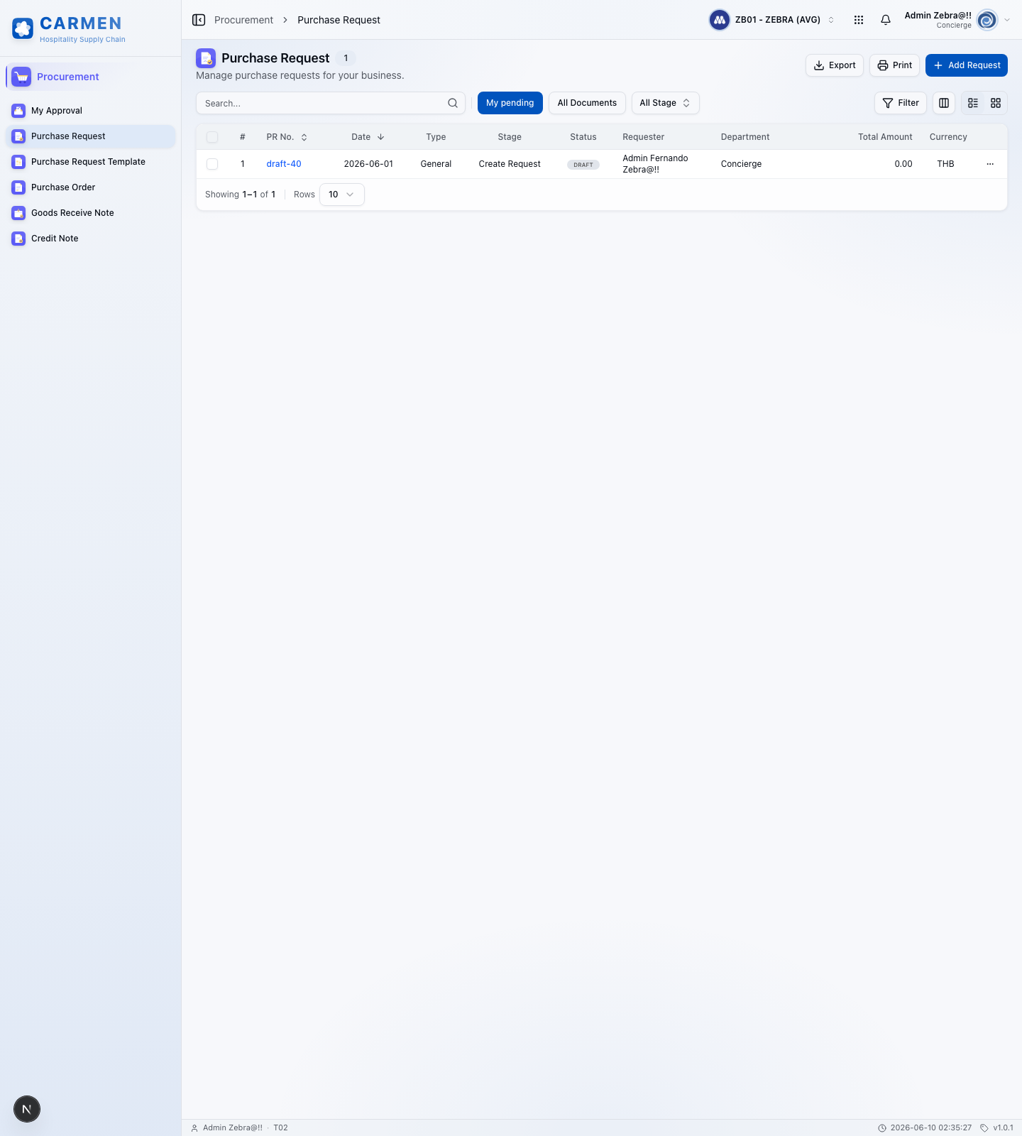 Purchase Request module screen