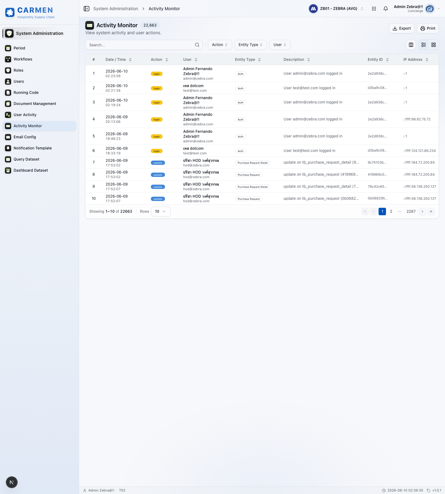 Reporting and Audit screen
