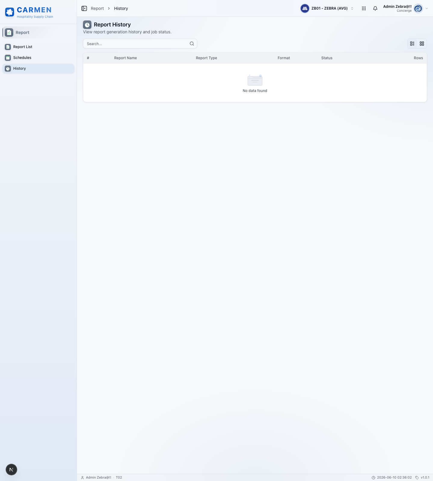 Report History screen
