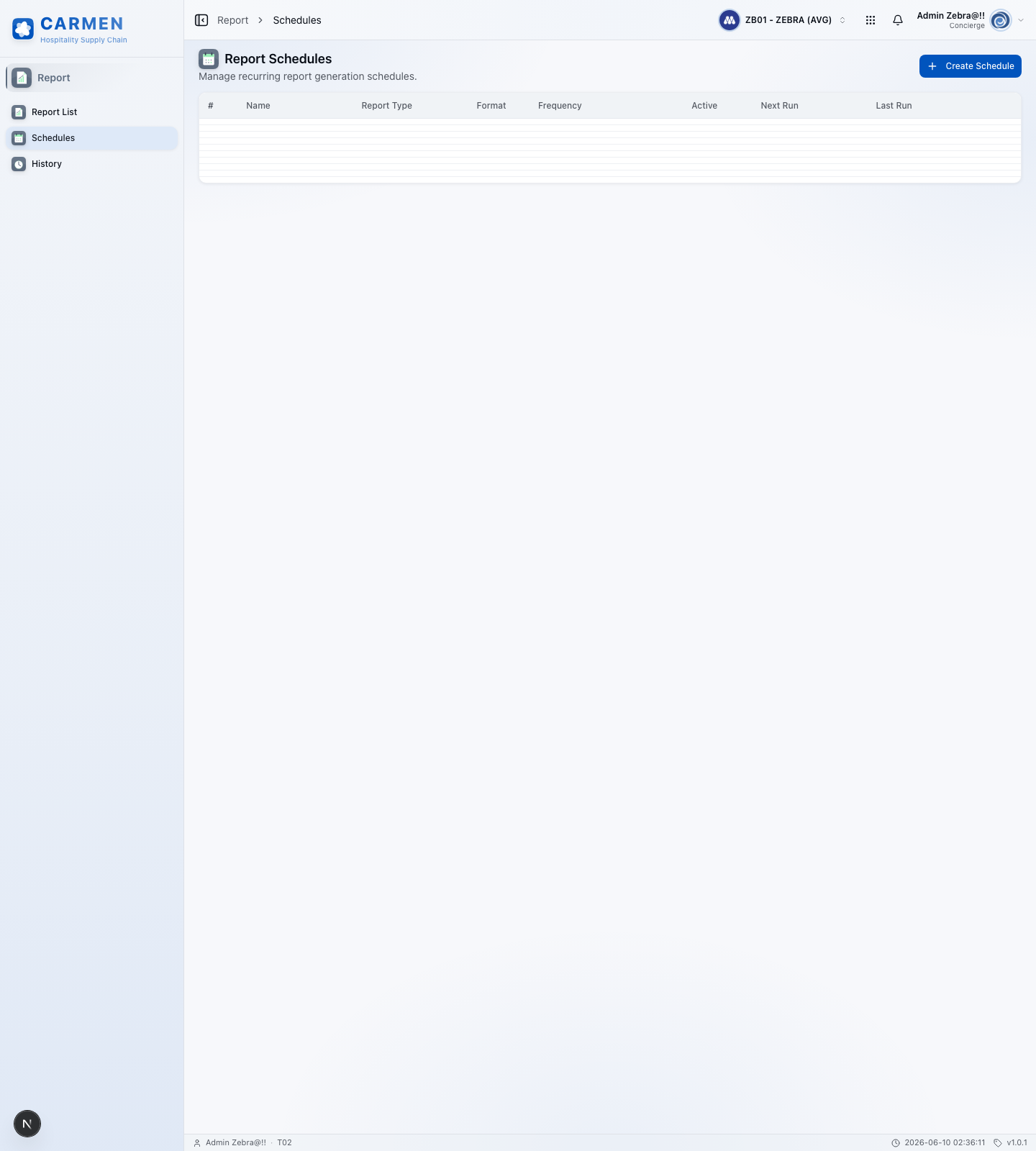 Report Schedule screen